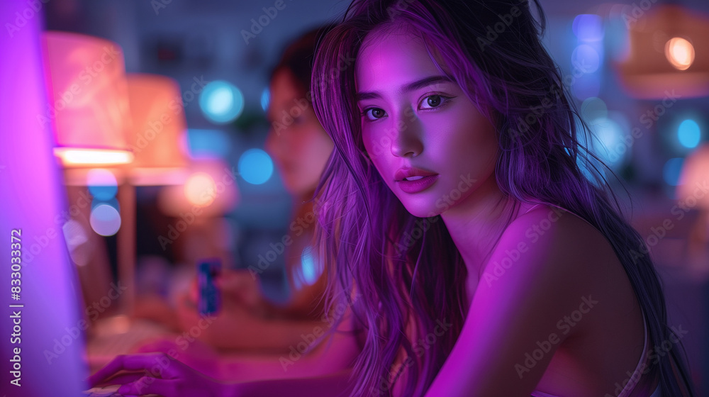 portrait of a woman in a Computer room with psychedelic lights portrait of a woman in a Computer room with psychedelic lights