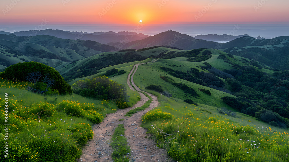 Fototapeta premium A vibrant nature hill landscape with a winding path leading up to the summit, the rolling hills creating a picturesque scene