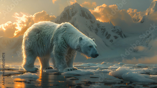A vibrant nature iceberg landscape with a polar bear walking across the ice, the serene environment highlighted