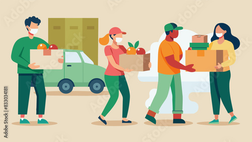 Volunteers carrying boxes of food out to waiting vehicles for delivery to local families in need.. Vector illustration