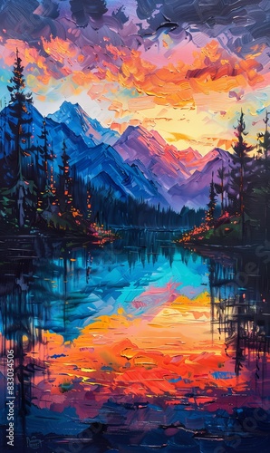 Printable wall decor painting A serene landscape captures a mountain range at sunrise, vibrant colors reflecting off a calm lake. The scene exudes peace and tranquility, perfect for any room.