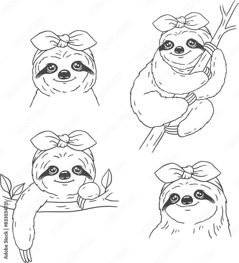 Obraz premium set of sloth with headband vector, isolated outline drawing.