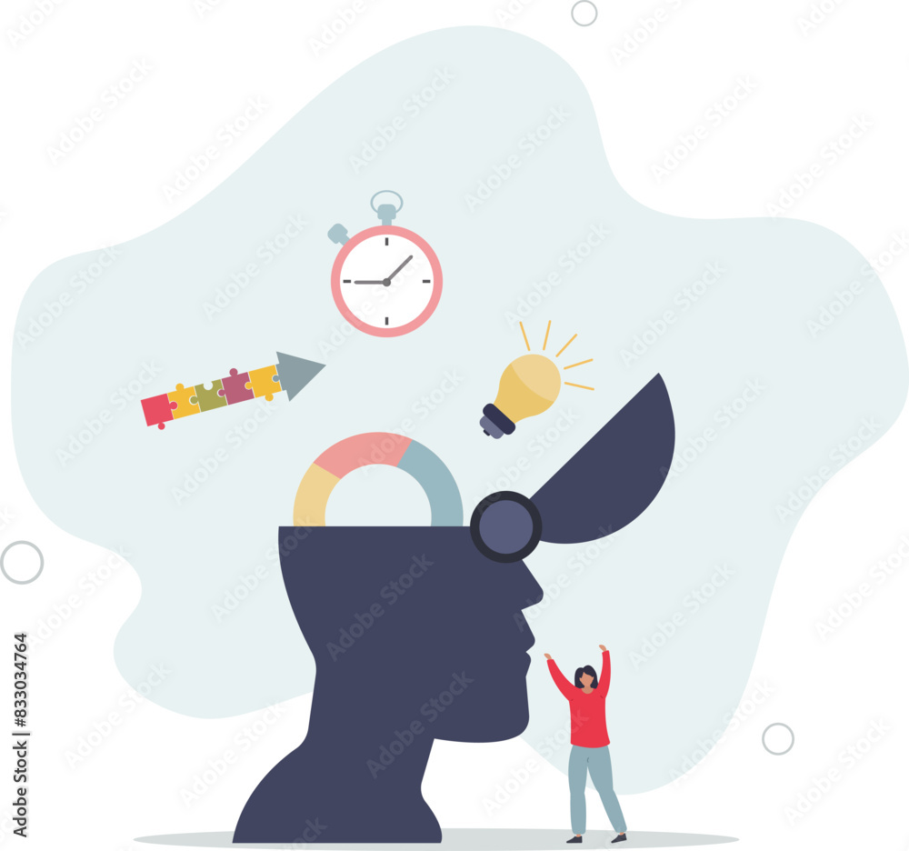 human head brain with pie chart of idea, solution and time.flat vector illustration. human head brain with pie chart of idea, solution and time.flat vector illustration.
