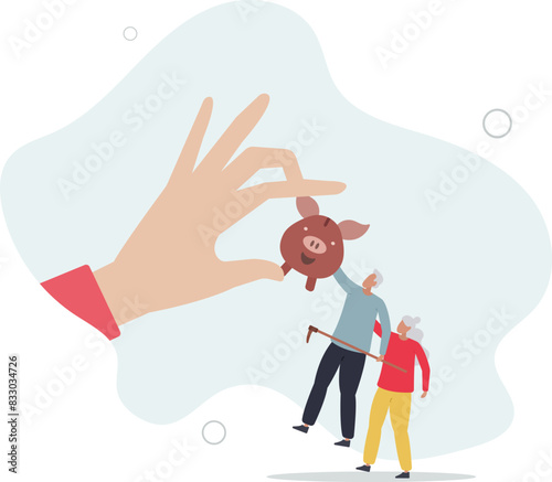 senior grandparent couple pull back their piggy bank money from thief hand.flat vector illustration.