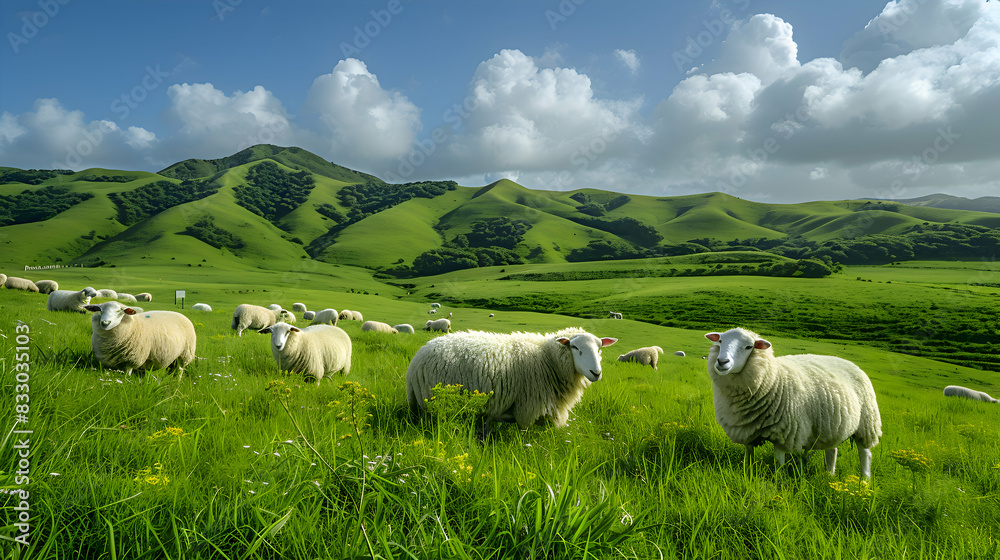 Fototapeta premium A vibrant nature hill landscape with a flock of sheep grazing peacefully, the sky clear and blue
