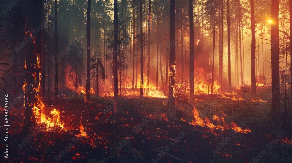 Forest fire burns through the forest floor. Forest fire burns through the forest floor.