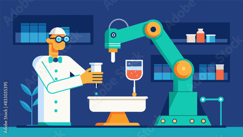 In a futuristic laboratory a robotics arm precisely measures and dispenses small amounts of a petroleum sample streamlining the testing process and. Vector illustration