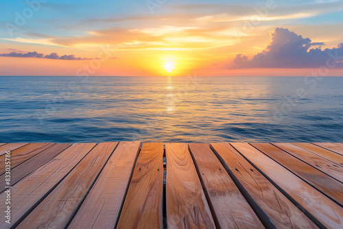 Beautiful Summer background wooden table top and blur sea sandy beach view 