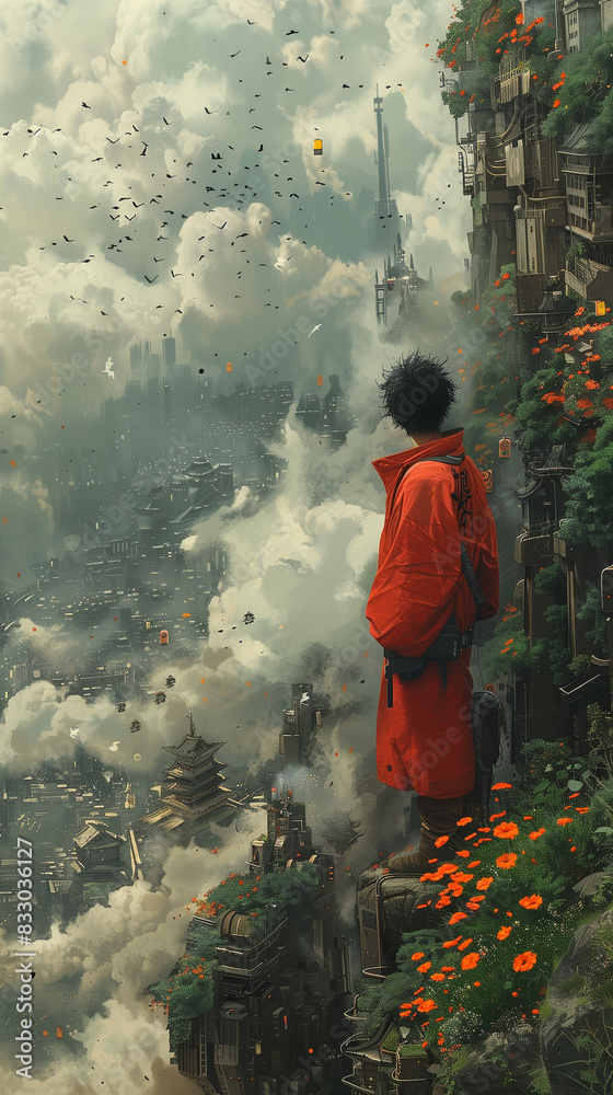 Fototapeta premium The boy in red is looking down from the mountain