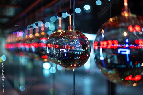 A series of floating orbs, each displaying a live stock ticker photo