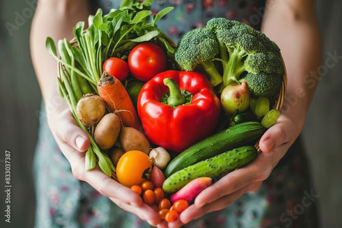 An image of hands holding fresh vegetables - Generative AI