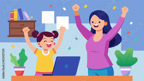 A mother and daughter racing against each other in a virtual obstacle course cheering and laughing along the way.. Vector illustration