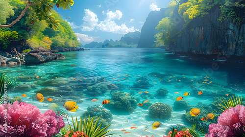 A vibrant nature island landscape with exotic birds and colorful fish in the water
