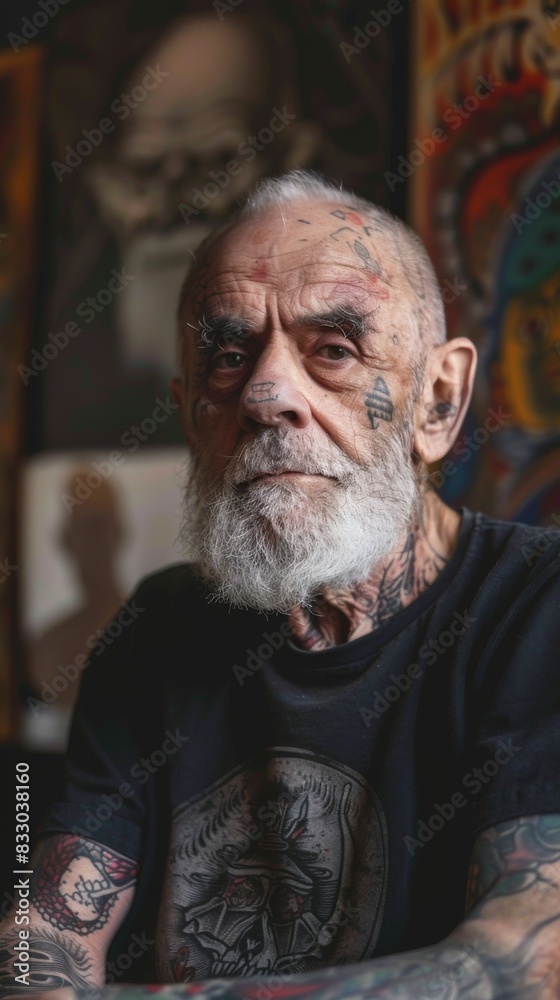 Portrait of a old man tattoo artist at studio tattoo Portrait of a old man tattoo artist at studio tattoo