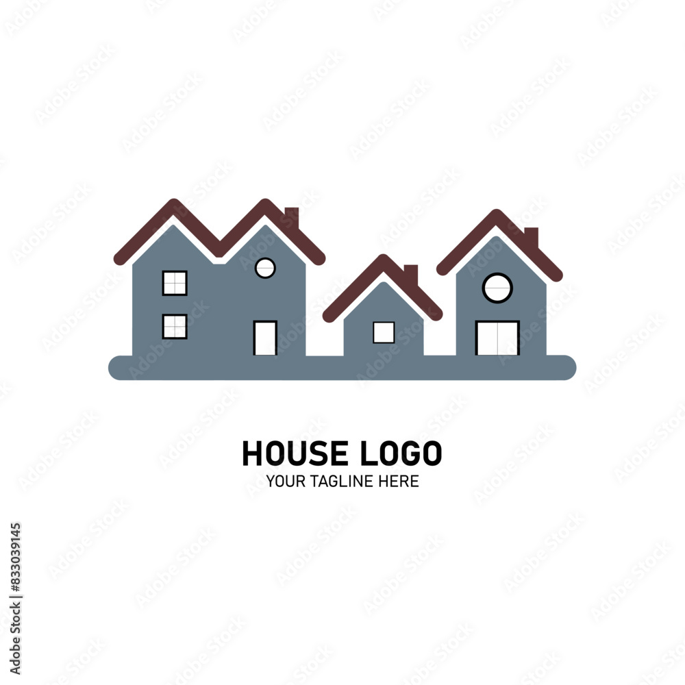 Vector illustration of a mansion icon logo. Hotel, real estate, residential, motel, villa, residence house in european style. 
With round and square windows. Equipped with single door and garage door 