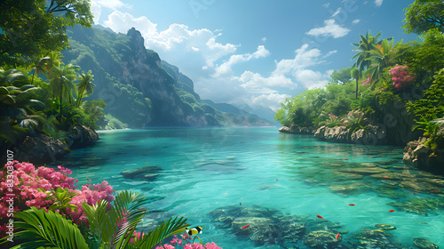 A vibrant nature lagoon landscape with exotic birds and colorful fish in the water
