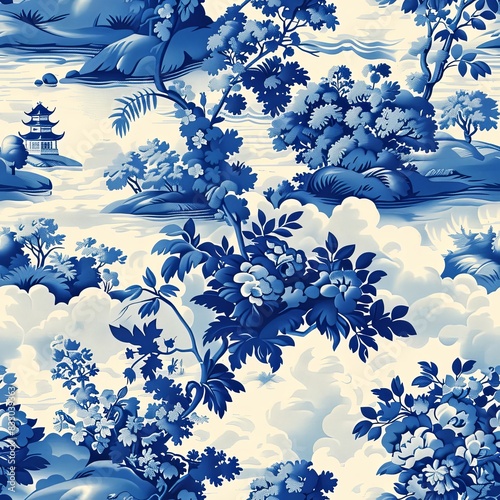 oriental theme french toile including tiny pagoda seamless pattern