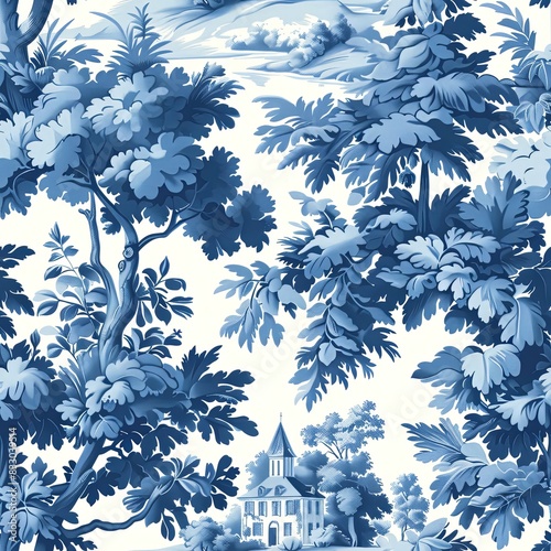 blue and white french toile tree leaves with background country house seamless pattern