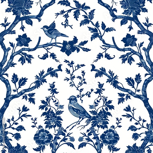 dark blue birds seamless pattern french toile