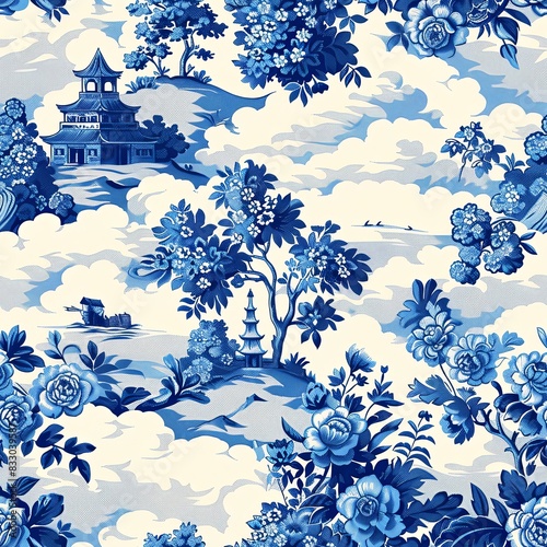 blue and white french toile seamless pattern with flowers and towers