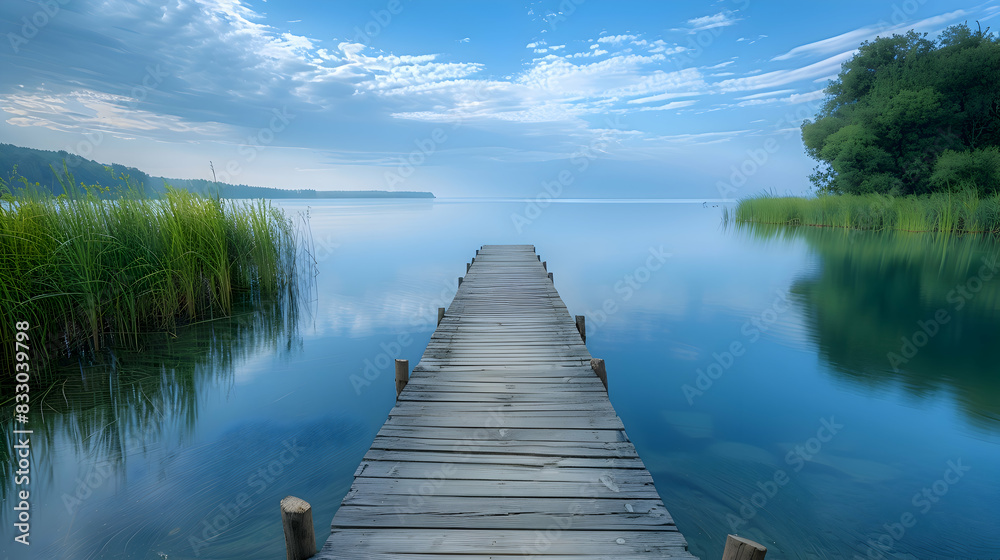 Fototapeta premium A vibrant nature lagoon landscape with a wooden boardwalk extending over the water, the calm surface reflecting the sky