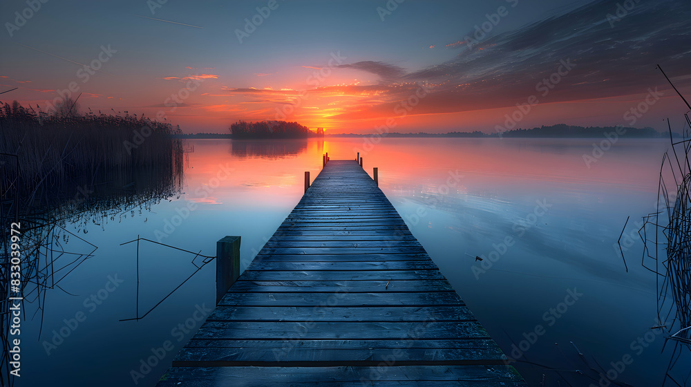 Fototapeta premium A vibrant nature lake landscape with a wooden pier extending into the water, the calm surface reflecting the sky