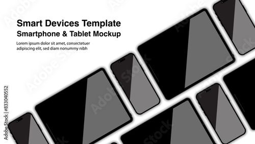 Modern tablet computer and smartphone mockups, with front views of realistic smart mobile phones and touchpad mockups isolated on a white background. Pad, slate, and phone device mockups. Vector.