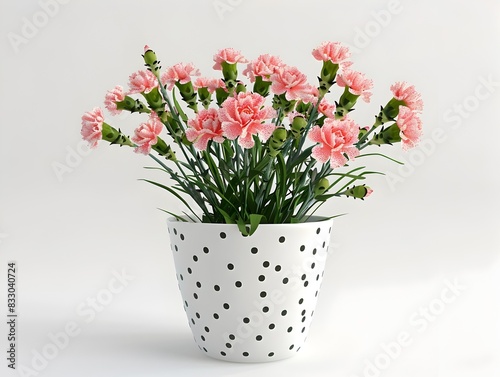 D Rendered Flower Pot with Dotted Design and Pink Carnations