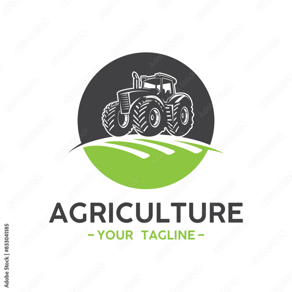 Fototapeta premium Tractor farming logo vehicle heavy equipment silhouette, farm land, agriculture logo design with creative idea