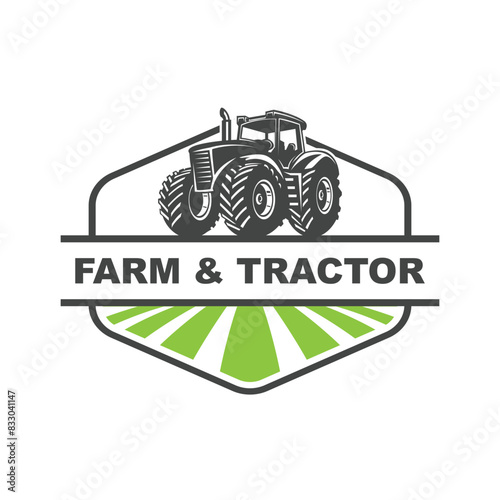 Tractor farming logo vehicle heavy equipment silhouette, farm land, agriculture logo design with creative idea