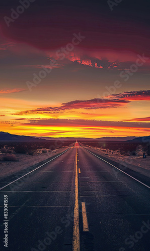An empty road leading towards the horizon under a warm sunset in a vast desert. Generate AI