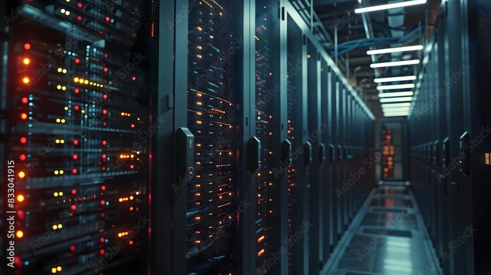 A data center with rows of servers, some of which are highlighted in red. A data center with rows of servers, some of which are highlighted in red.