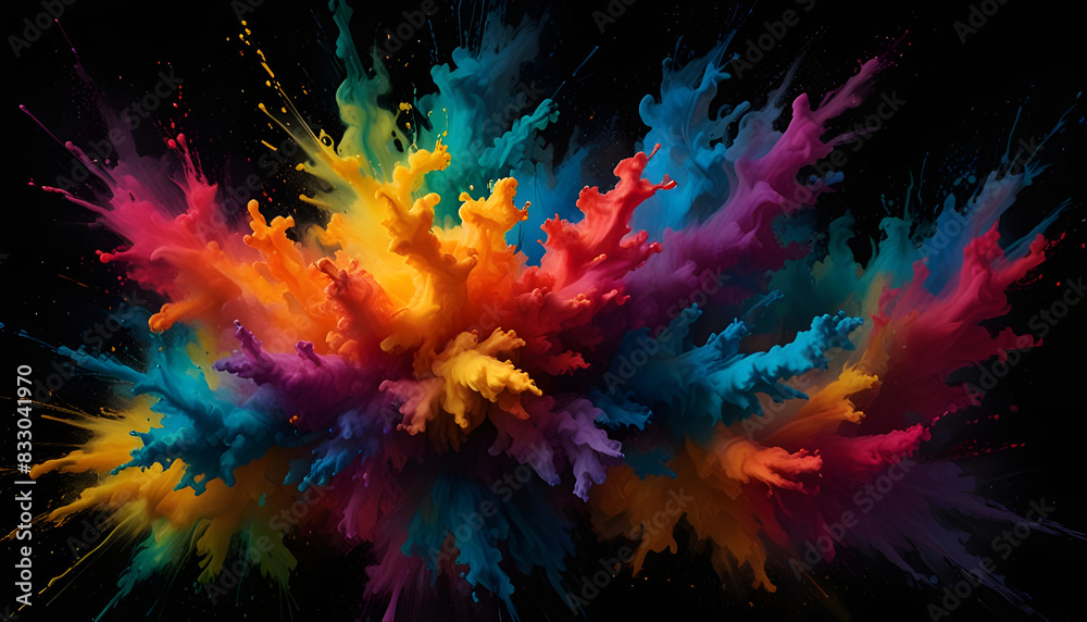 A vibrant explosion of color dances across a dark canvas, swirling and blending like watercolor paint background. Generative AI A vibrant explosion of color dances across a dark canvas, swirling and blending like watercolor paint background. Generative AI