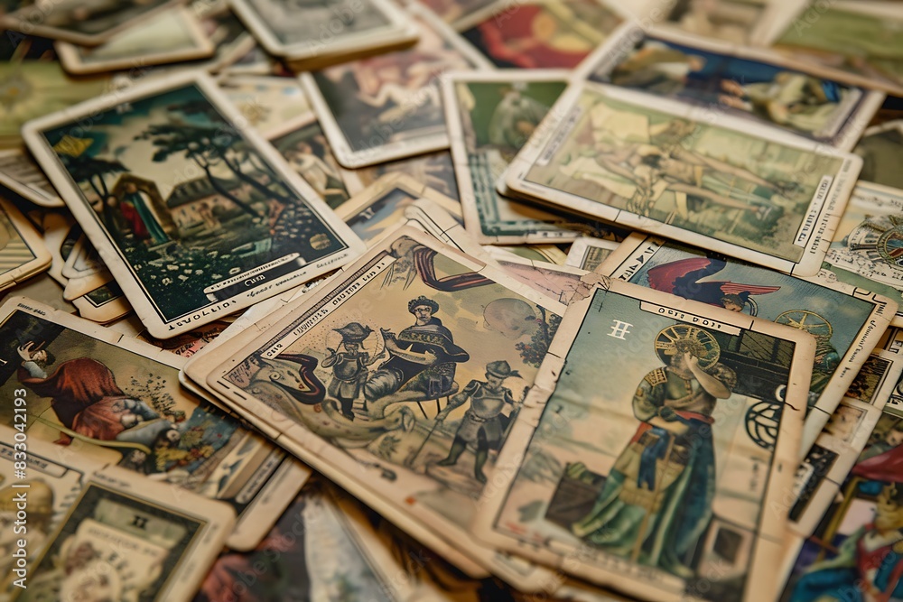 A set of tarot cards with illustrations representing financial forecasts