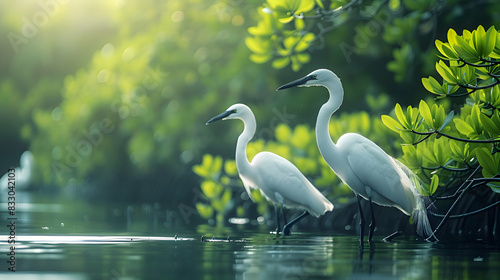 A vibrant nature mangrove landscape with a variety of bird species perched among the branches, the scene captured with a tilt-shift lens