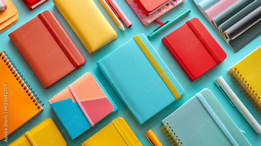 Aerial shot of a variety of colorful notebooks and bookmarks, with a clear area for text, isolated on a plain background, studio lighting Aerial shot of a variety of colorful notebooks and bookmarks, with a clear area for text, isolated on a plain background, studio lighting