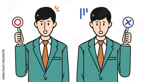 【案内/解説に最適】マルの正解札とバツの不正解札を持つスーツ姿の若い男性のイラスト