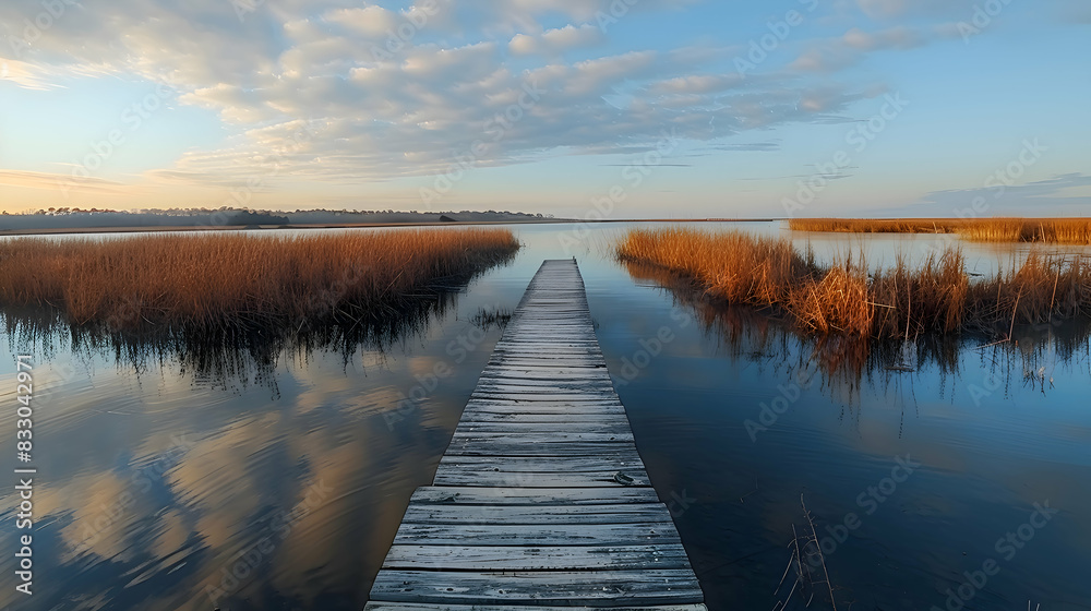 Naklejka premium A vibrant nature marsh landscape with a wooden boardwalk extending over the water, the calm surface reflecting the sky