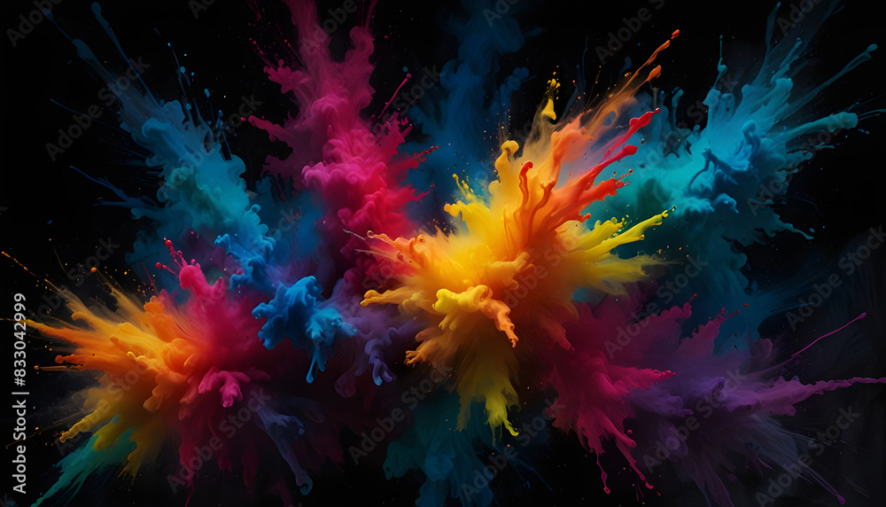 A vibrant explosion of color dances across a dark canvas, swirling and blending like watercolor paint background. Generative AI A vibrant explosion of color dances across a dark canvas, swirling and blending like watercolor paint background. Generative AI