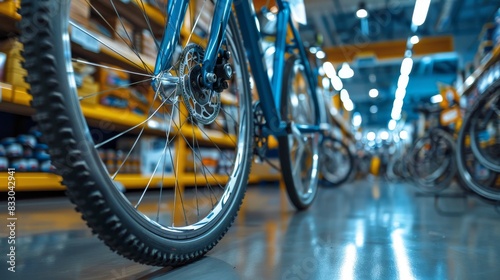 Close shot of a bicycle wheel in a store, with a spacious background for text, perfect for product advertisements photo