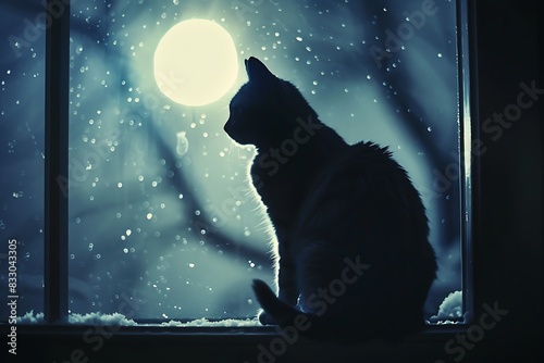 A silhouetted silhouette of a cat perched on a window ledge, gazing at the moonlit night.