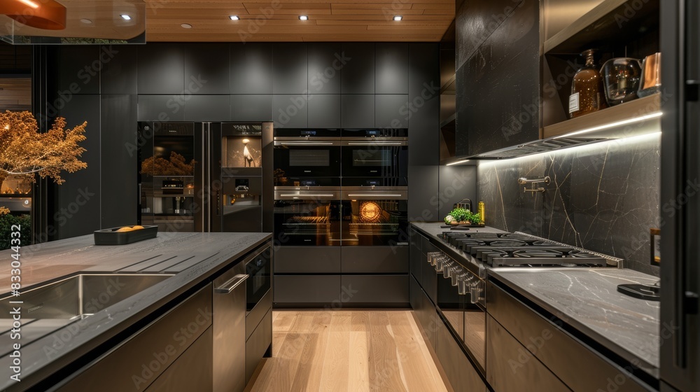 Ultra-sophisticated kitchen featuring a smart oven, digital touch interfaces, concealed appliances, and a sleek, modern finish Ultra-sophisticated kitchen featuring a smart oven, digital touch interfaces, concealed appliances, and a sleek, modern finish