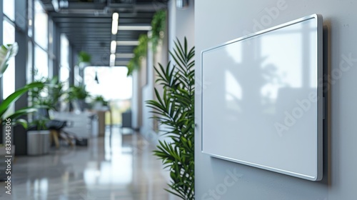Close-up of a white board in a modern office, highlighting the empty space perfect for product advertisements © Alpha