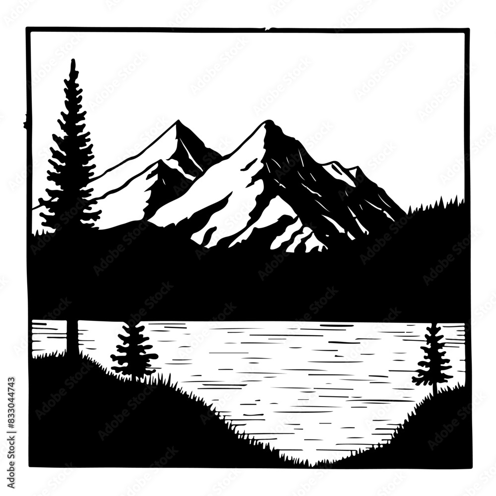 Black and white illustration of mountain and lake
