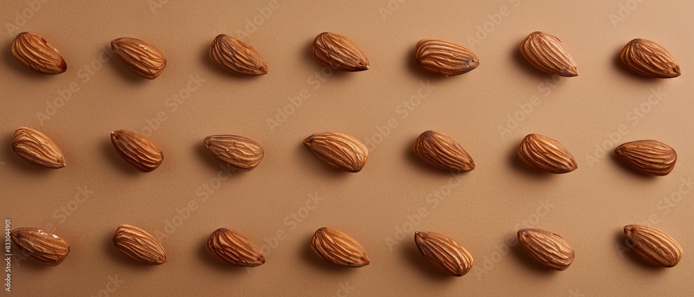 Top view of almonds in a grid pattern on a brown isolated background, even studio lighting ensuring each almond is clearly visible Top view of almonds in a grid pattern on a brown isolated background, even studio lighting ensuring each almond is clearly visible