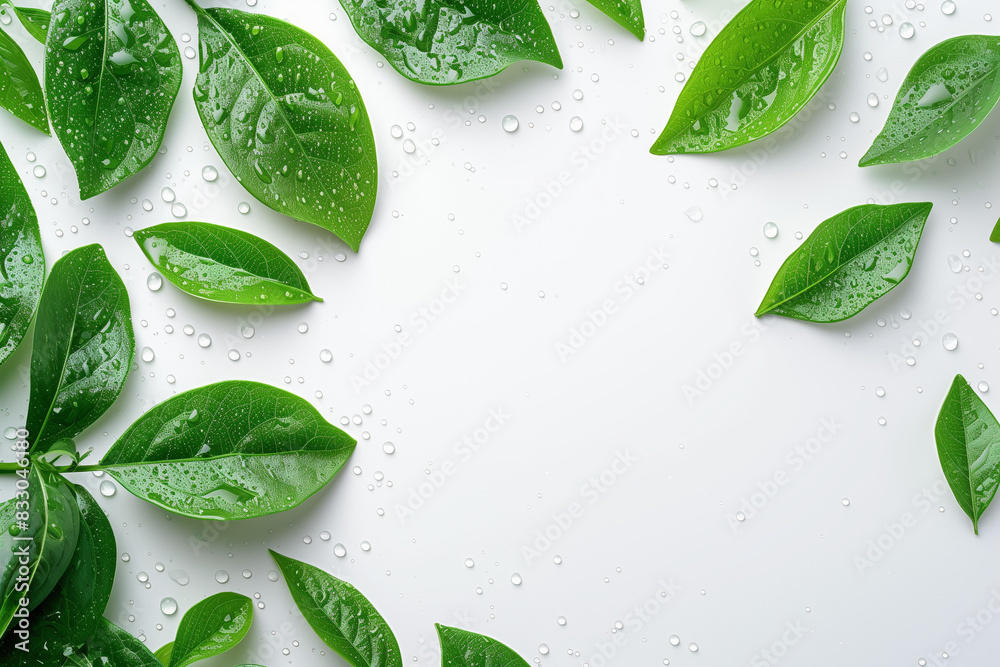 Green leaves with water drops on white table background, top view, place for text, banner