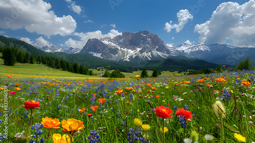 A vibrant nature meadow landscape with a distant mountain range, the flowers and grass creating a colorful foreground