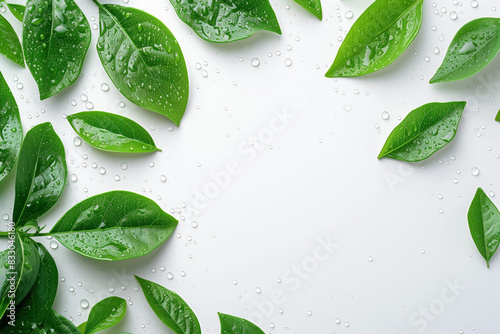 Obraz na płótnie Green leaves with water drops on white table background, top view, place for text, banner
w salonie