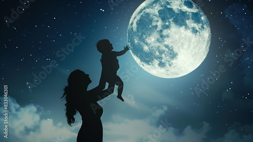 **Silhouette of mother holding baby up in the air, full moon in the background. The image depicts a silhouette of a mother holding a baby up with a full moon visible in the background, in the style of
