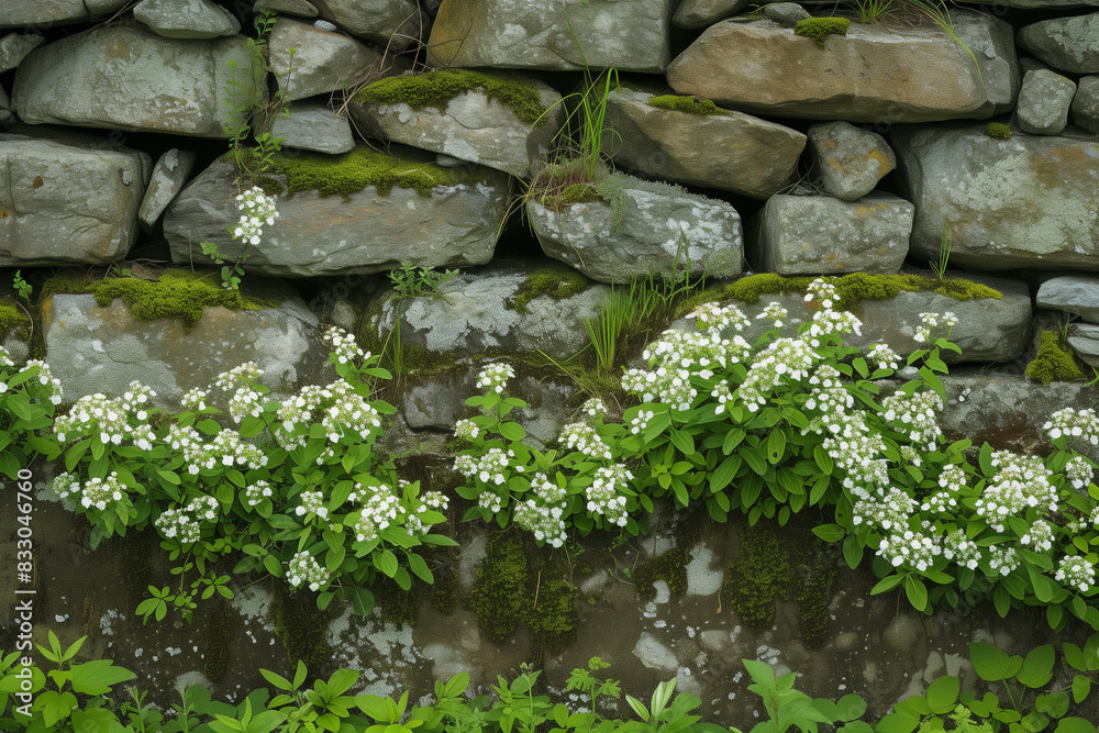 Green Mossy Old Stone Wall White Flowers New England Padnaram Dartmouth Massachusetts. Stone walls were built in the early 1600s and 1700s in New England torop mark property lines.
Green Mossy Old Stone Wall White Flowers New England Padnaram Dartmouth Massachusetts. Stone walls were built in the early 1600s and 1700s in New England torop mark property lines.